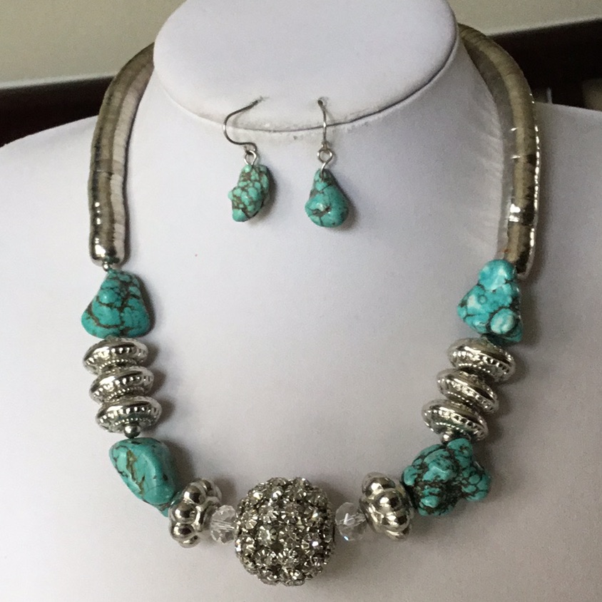 Turquoise Stone Bead Crystal Ball Necklace Earring